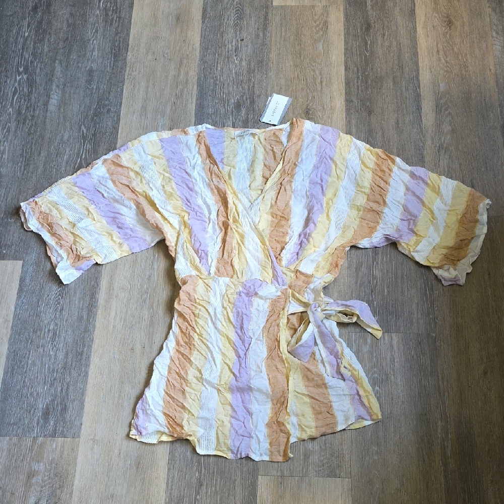 l*space Pfieffer Striped Wrap Top in Pastel Yellow, Peach & Lavender